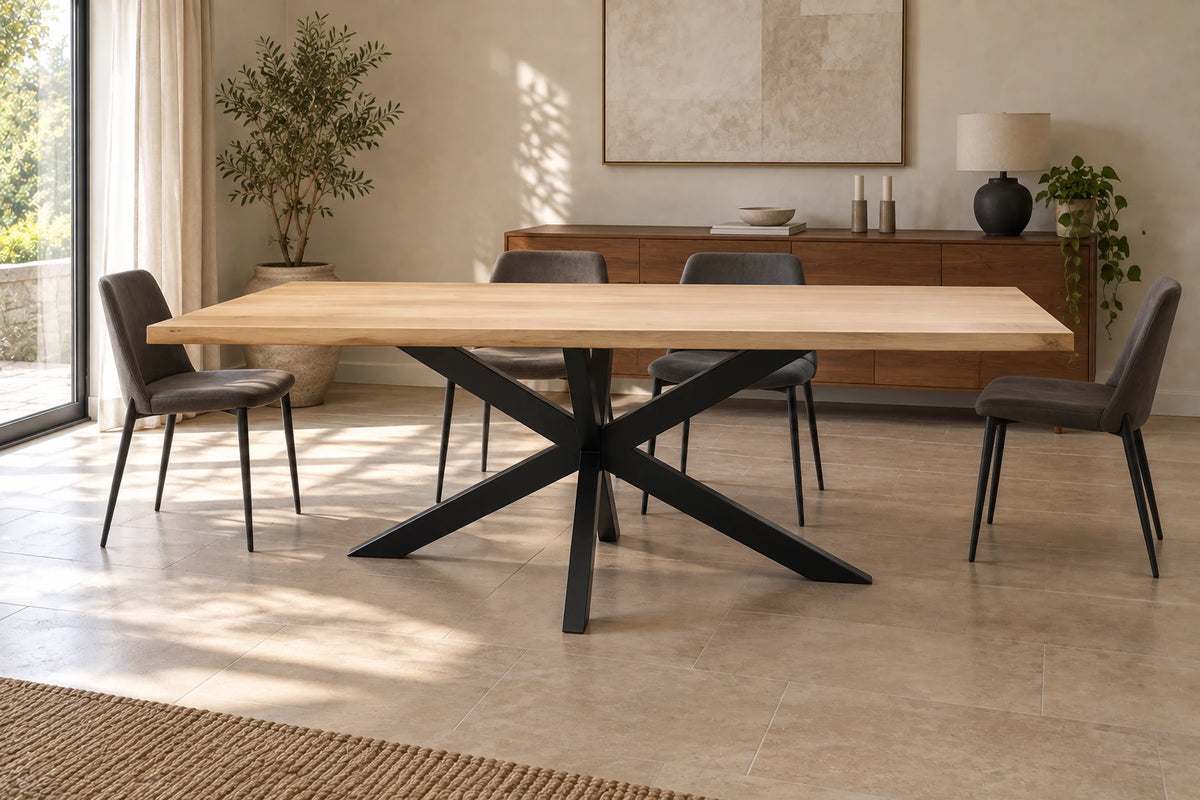 Table ATMOS en chêne avec pied central étoile noir.
