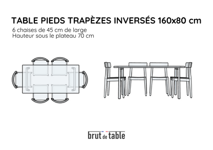 <img src="plan-technique-table-chene-massif-pieds-trapezes-inverses.jpg" alt="Plan technique table en chêne massif avec pieds trapèzes inversés">