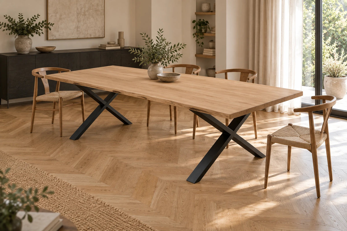 Solid oak table with black X legs - POLE