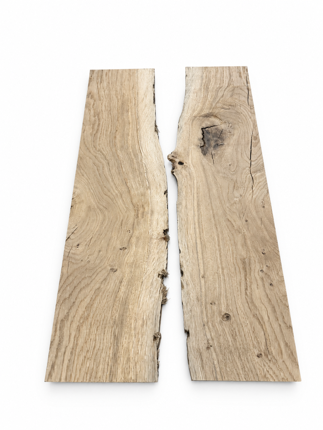Lot 006 de deux étagères en chêne massif sur fond blanc, faces supérieures et bords irréguliers.