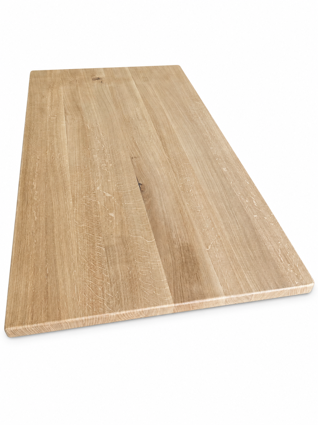 Plateau de table d’occasion restauré en chêne massif, vue du dessus sur fond blanc — pièce unique 014